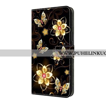 Nahkakotelo Samsung Galaxy A17 4g / 5g Kultaiset Kukat