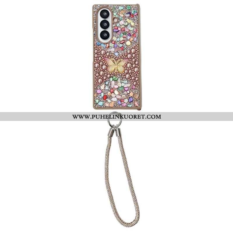 Kuori Samsung Galaxy Z Fold 7 Strassilla Koristeltu Perhonen Hihnalla