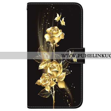 Nahkakotelo Xiaomi 15 Ultra Kultaisia Ruusuja Ja Perhosia