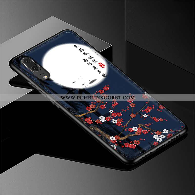 Kuoret, Kotelo Huawei P20 Nahka Kukkakuvio Suuntaus Puhelimen Suojaus Tummansiniset