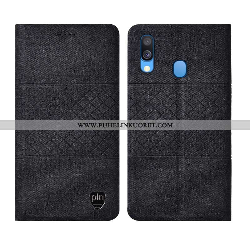 Kuori, Kuoret Samsung Galaxy A40 Pellava Nahkakuori Ruudukko Kotelo All Inclusive Harmaa