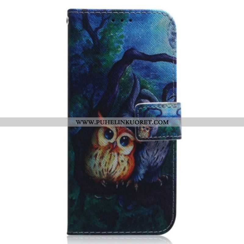 Nahkakotelo Oppo Reno 8 Suojaketju Kuori Strappy Owls -maalaus