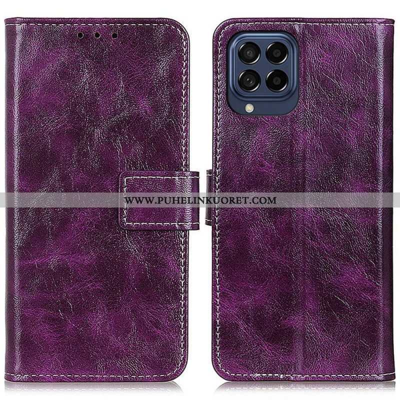 Flip Case Samsung Galaxy M53 5G Kiiltävä Keinonahka Ja Tikkaukset
